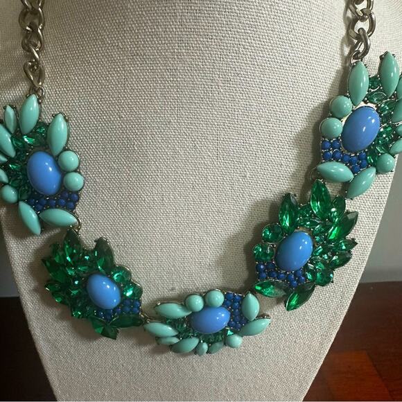 J Crew Blue Green Statement Necklace Retro Summer Casual Resort Preppy Vacation - Picture 3 of 9